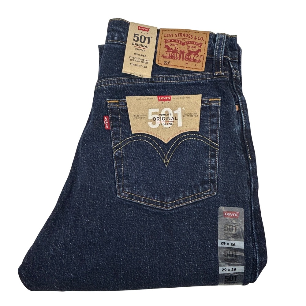 Levi's 501 Original Cropped Jeans Womens 29 Dark Wash Distressed High Rise NEW